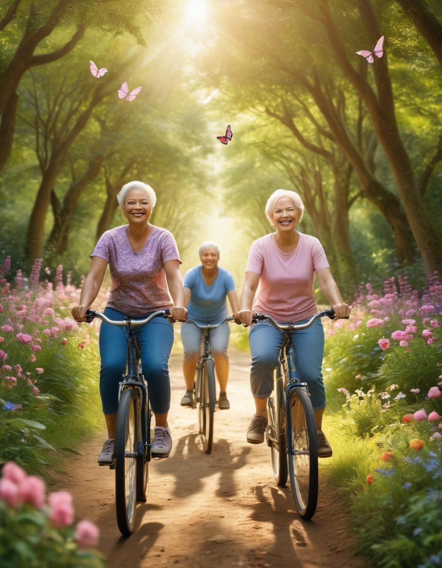 A serene outdoor scene featuring a diverse group of cancer survivors joyfully riding bicycles along a scenic trail lined with blooming flowers and lush greenery. The sunlight filters through the trees, casting dappled light on their smiling faces, embodying a sense of freedom and vitality. Include a few playful butterflies in the foreground to symbolize transformation and hope. super-realistic. vibrant colors. natural landscape.