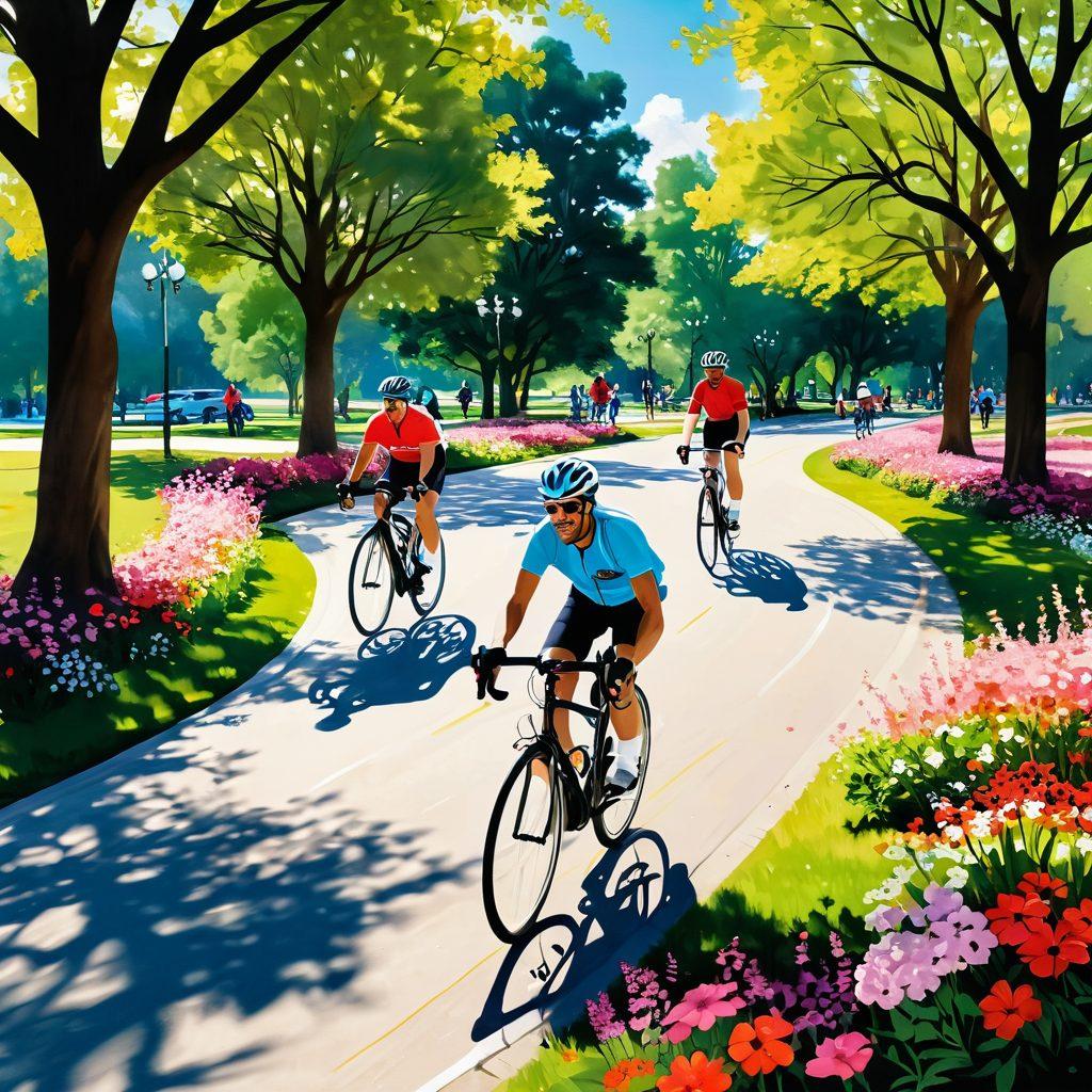 A vibrant scene depicting cyclists of diverse backgrounds riding through a sunlit park, surrounded by blooming flowers, trees, and a clear blue sky. Incorporate visual elements symbolizing health and vitality, such as heart shapes and cancer ribbons integrated into the landscape. Highlight the joy and community spirit of cycling, showcasing families and friends together. Capture dynamic motion with blurred wheels and smiling faces. super-realistic. vibrant colors. uplifting atmosphere.