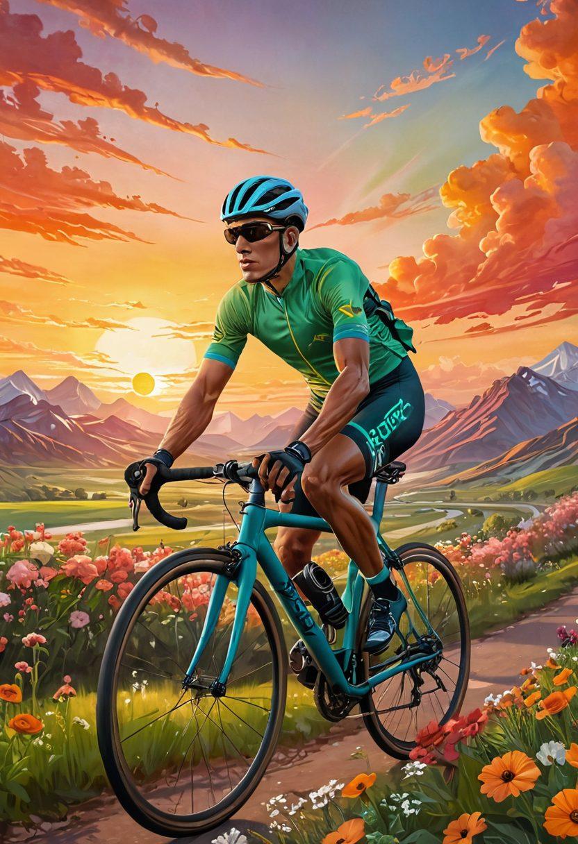 A resilient cyclist racing through a vibrant green landscape, symbolizing hope and strength, with stylized tumor shapes transforming into blooming flowers in the background. The sky is painted with warm sunset hues, representing triumph over adversity. Include subtle details like cycling gear promoting well-being and positivity. super-realistic. vibrant colors. inspiring atmosphere.